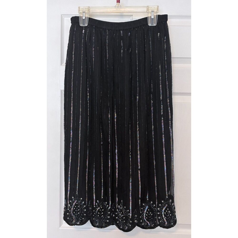 Vintage Sarin New York Beaded Silk Skirt Scalloped Hem Black Midi Medium
